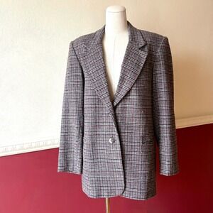 Vintage White Stag Wool Blend Plaid Blazer Jacket Burgundy Blue Gray Women's 12